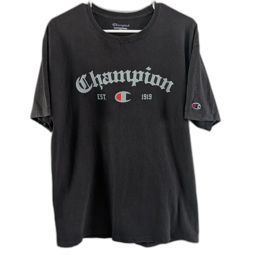 Men's Black Champion 1919 Split Script Logo T-shirt Gothic Font Size Large - Picture 1 of 4